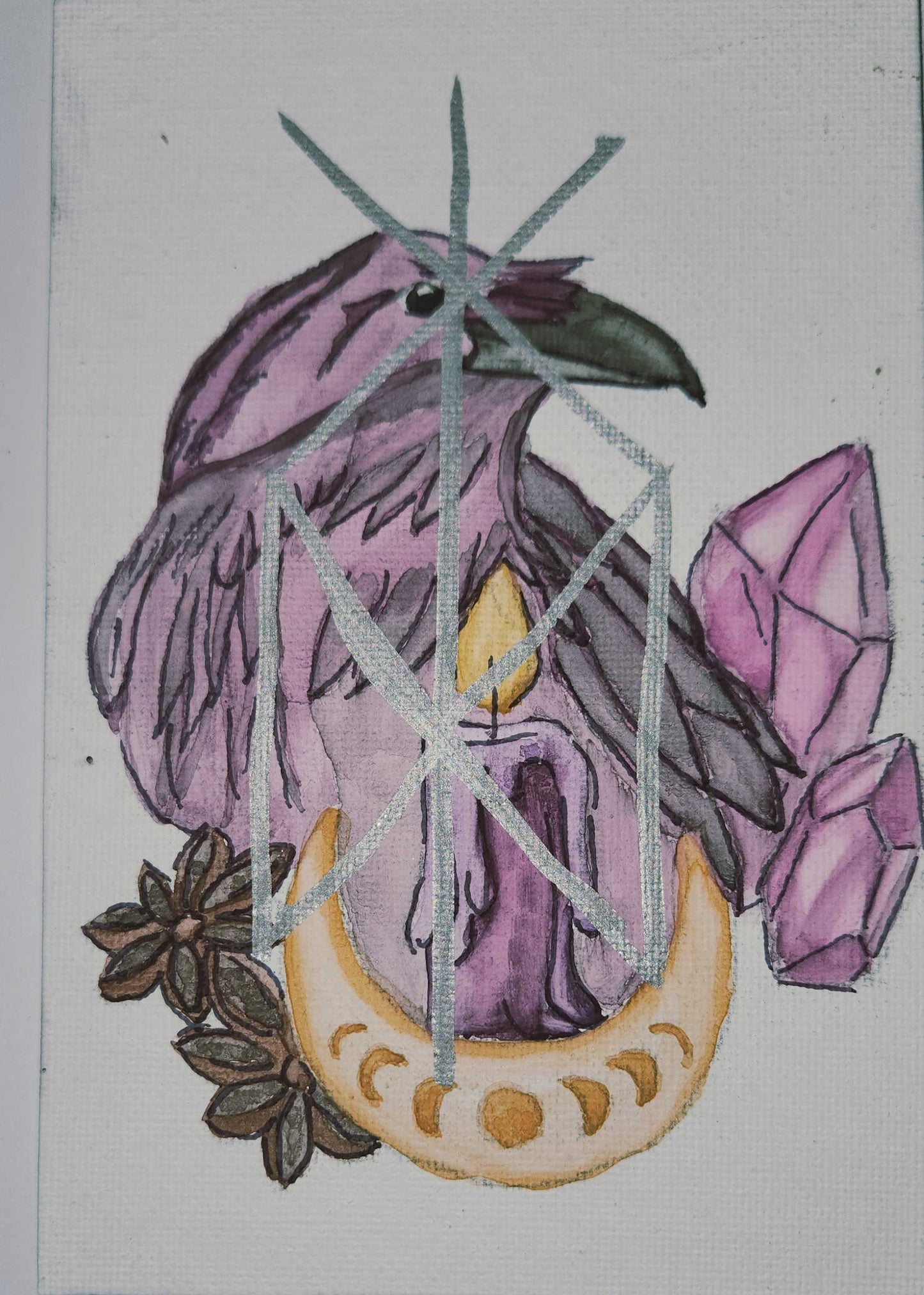 Decorative canvas with purple flower, crystals, and moon design on a white background.