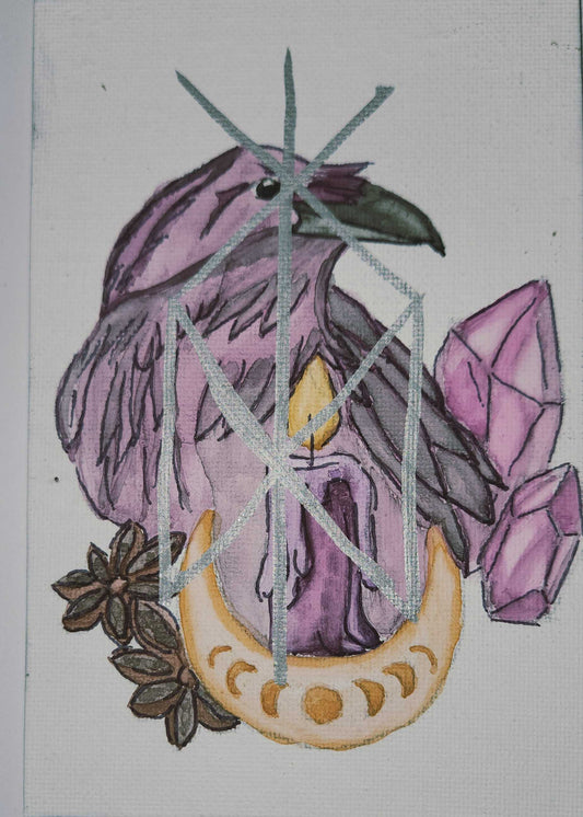 Decorative canvas with purple flower, crystals, and moon design on a white background.