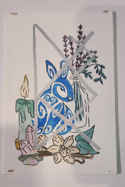 Decorative card with blue bunny design and floral elements on a white background