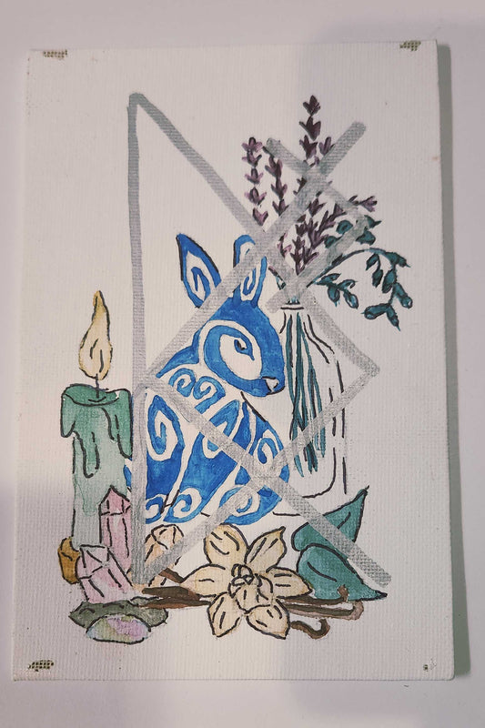 Decorative card with blue bunny design and floral elements on a white background